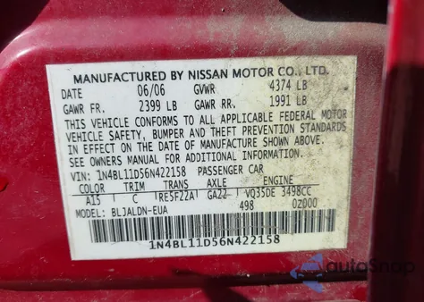 2006 Nissan Altima 3.5 Sl from USA, damaged, VIN 1N4BL11D56N422158